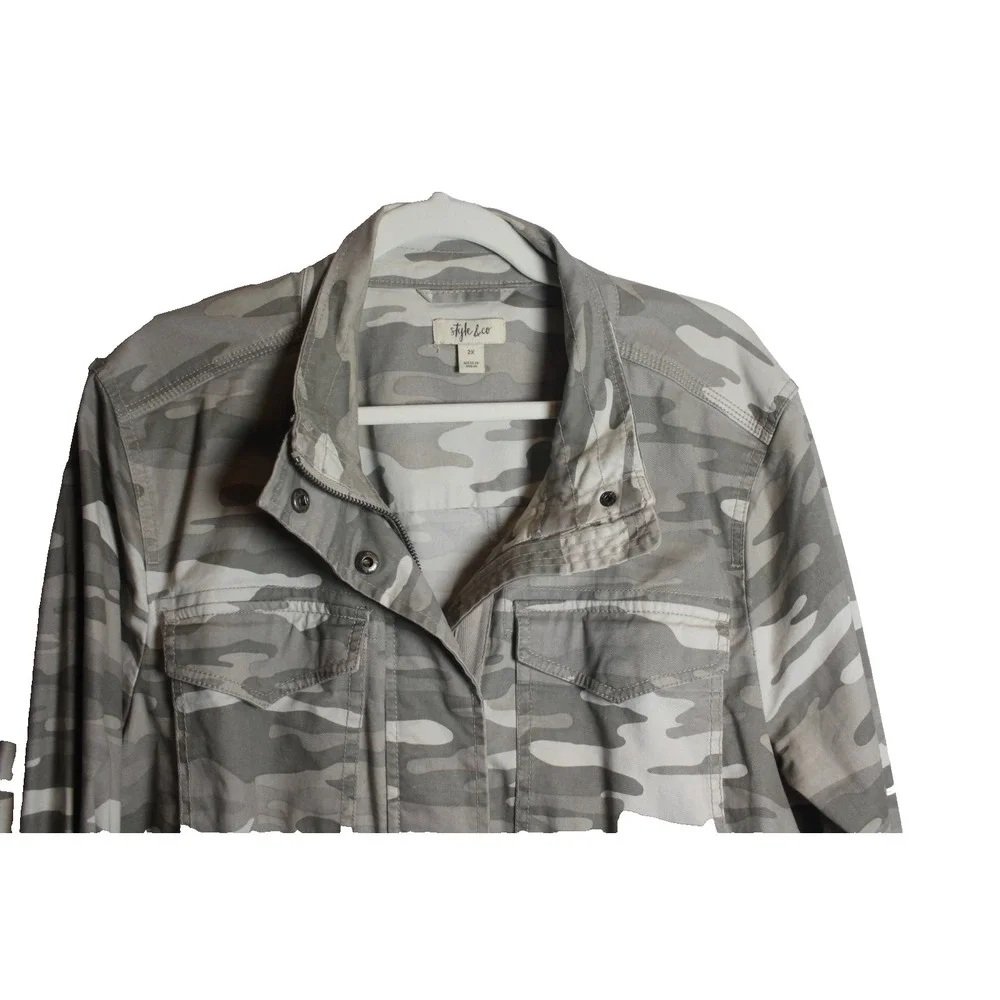 Style & Co Women's 2XL Gray Camo Cotton Utility Jacket Drawstring Waist